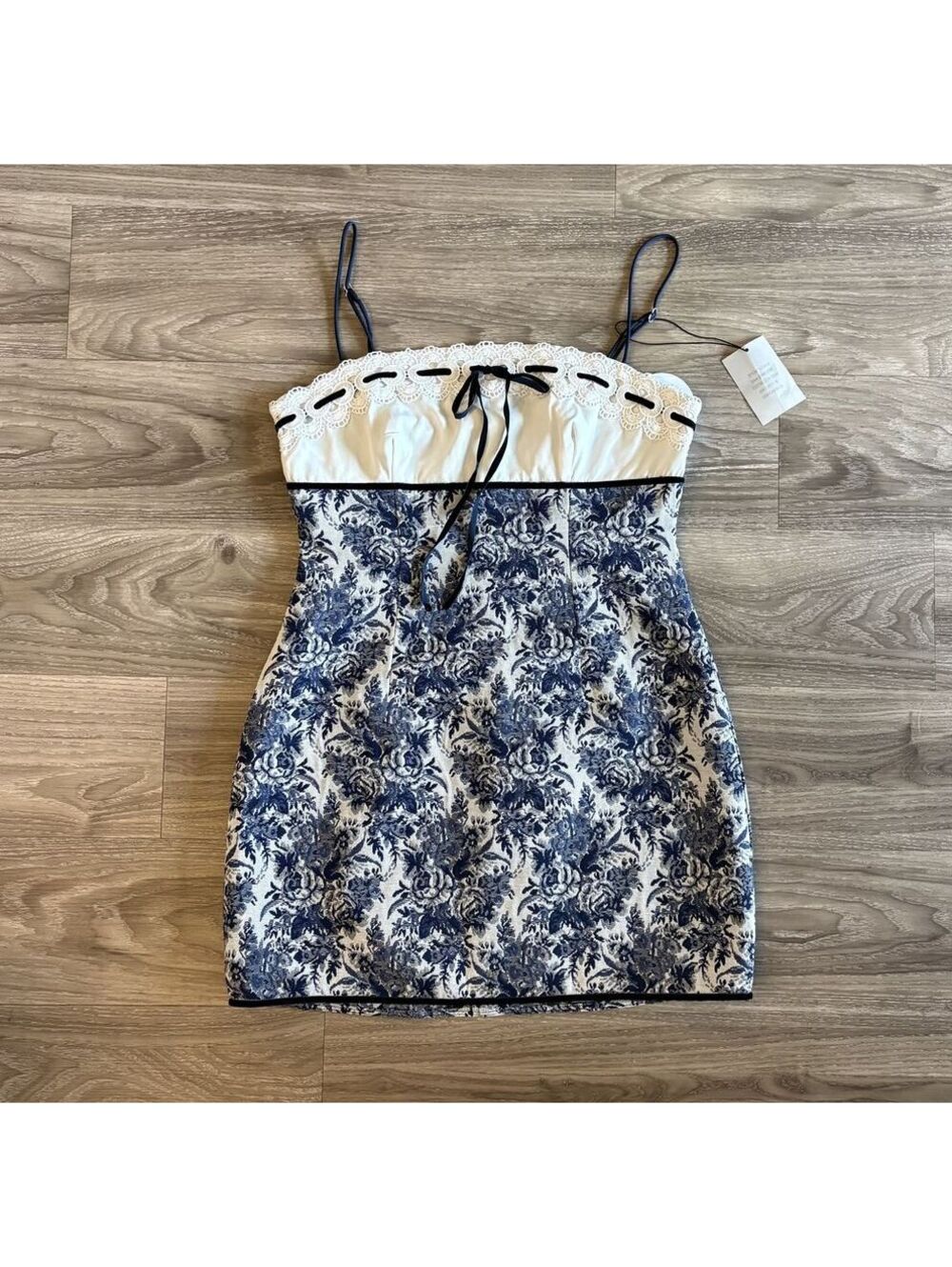 More To Come Zahra Mini Dress Blue White Toile Floral Coquette Bodycon